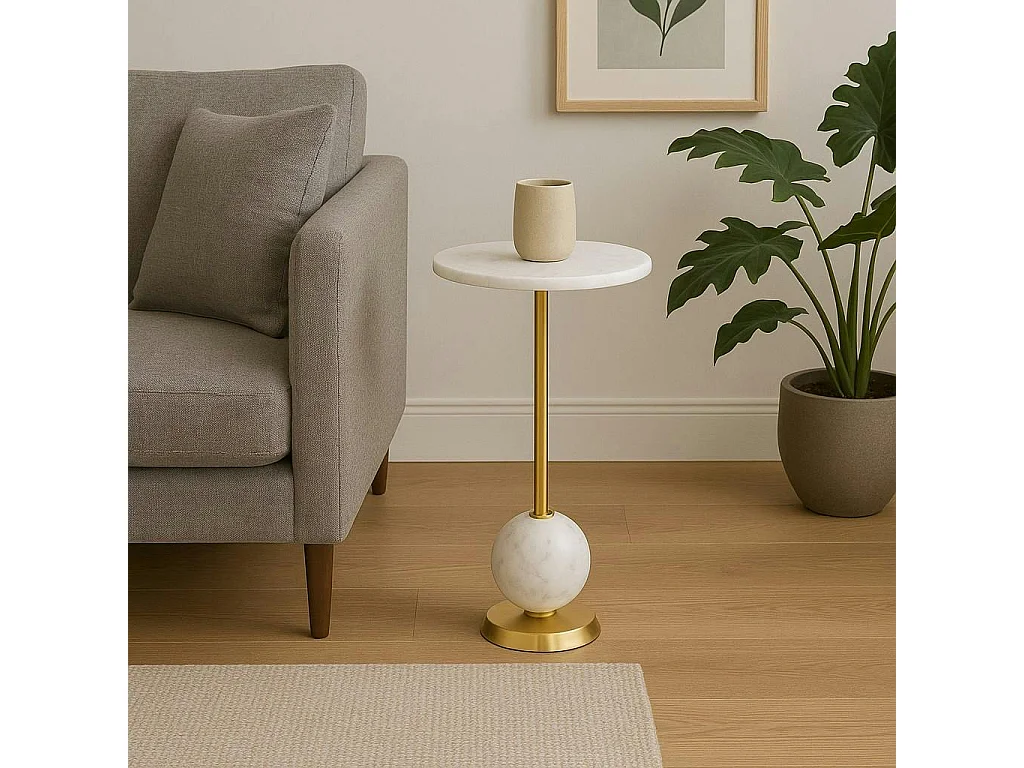 Bout de canapé design - plateau en marbre et base globe Ø25 cm TALLINN