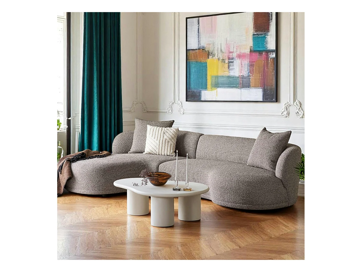 Canapé 4 places arrondi - marron, méridienne gauche BERLIN