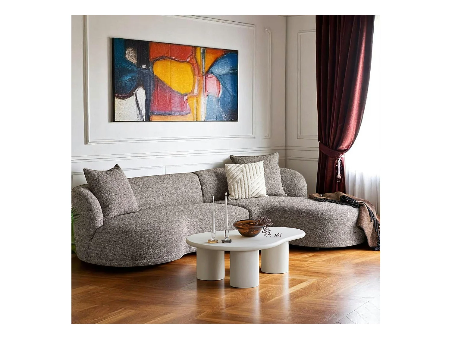 Canapé 4 places arrondi - marron, méridienne droite BERLIN