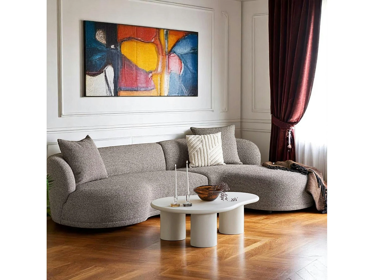 Canapé 4 places arrondi - marron, méridienne droite BERLIN