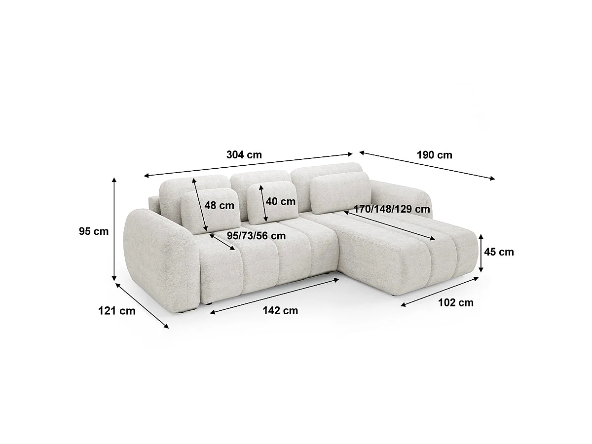 Canapé d'angle convertible 3 places avec coffre en tissu blanc