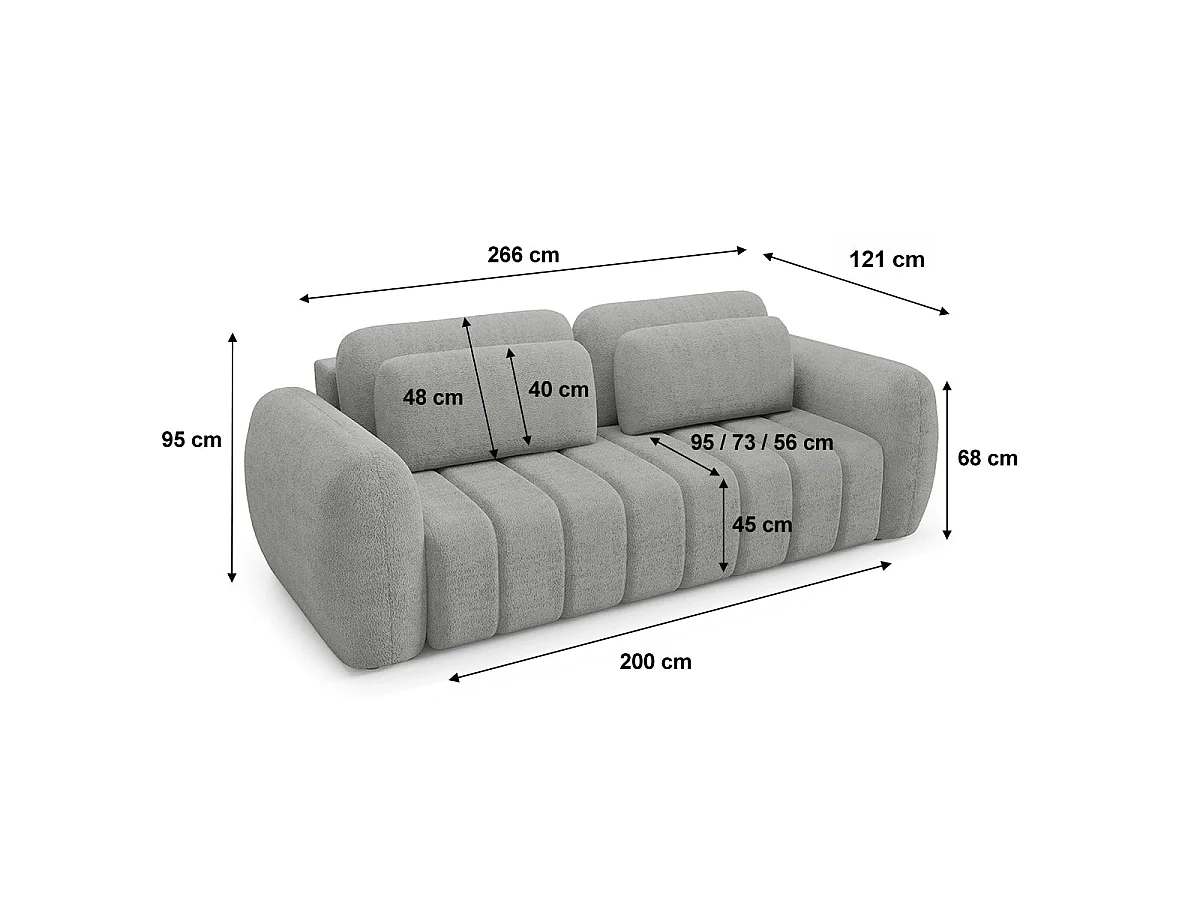 Canapé convertible 3 places avec coffre en tissu gris clair