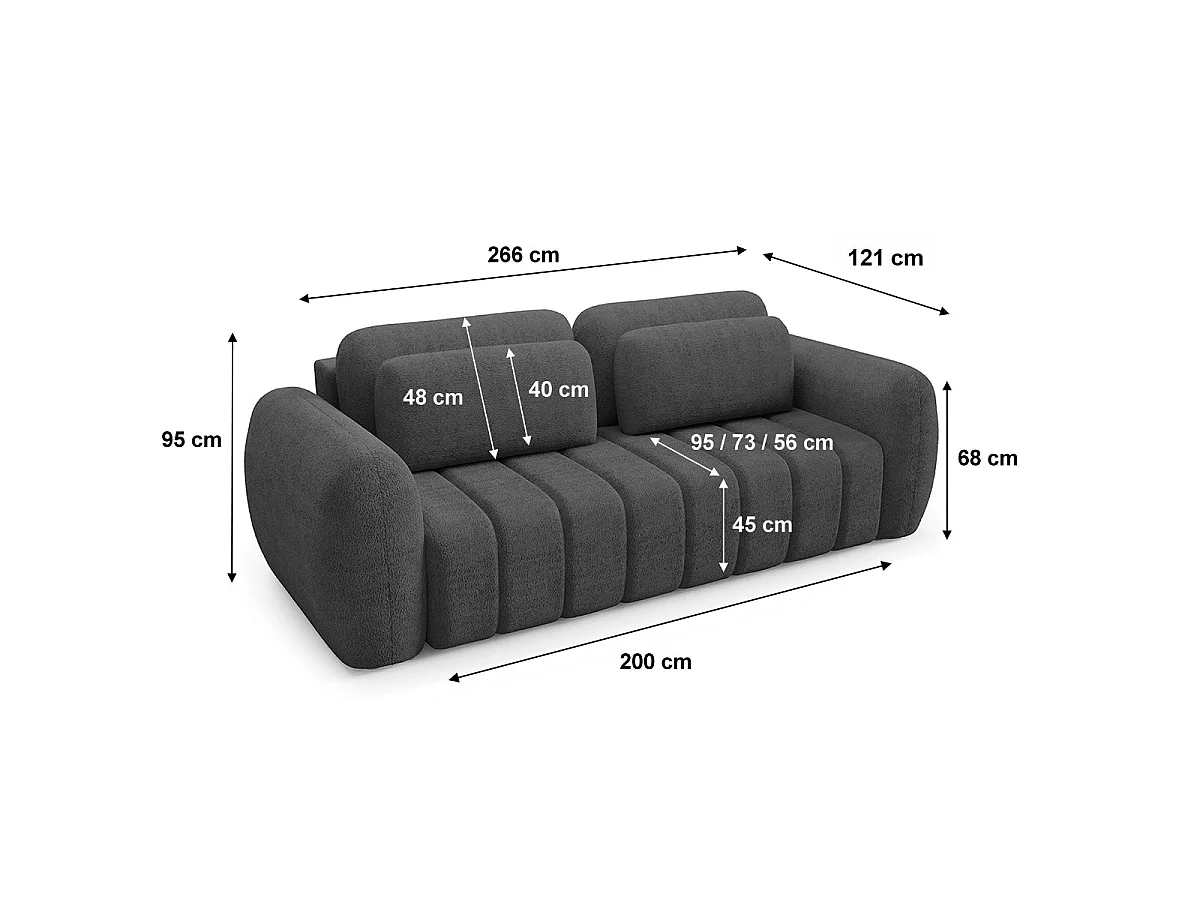 Canapé convertible 3 places avec coffre en tissu gris foncé