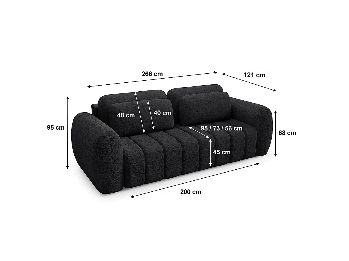 Canapé convertible 3 places avec coffre en tissu noir CESAR