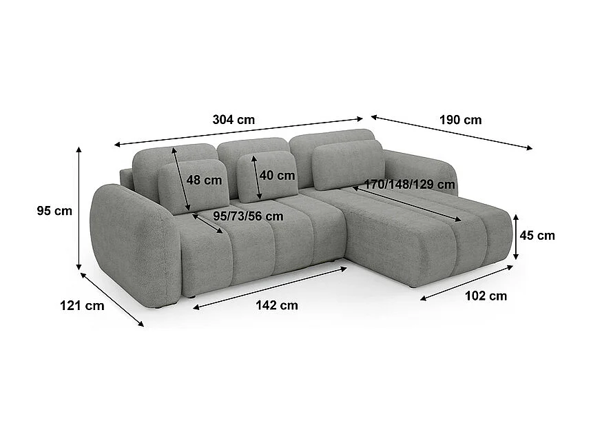 Canapé d'angle réversible et convertible 3 places avec coffre Cesar Gris clair