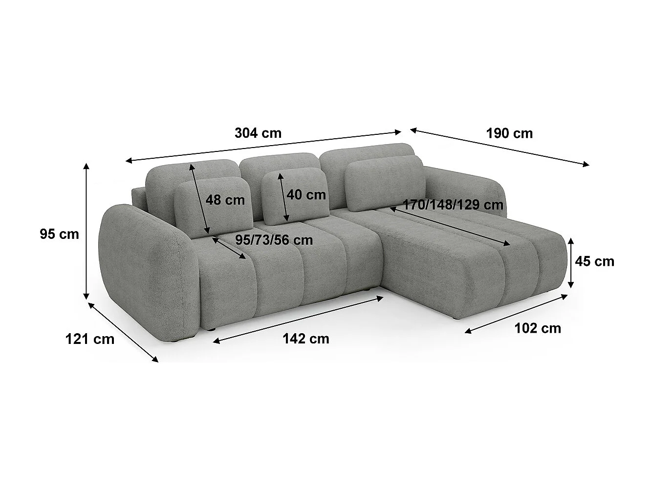 Canapé d'angle réversible et convertible 3 places avec coffre Cesar Gris clair