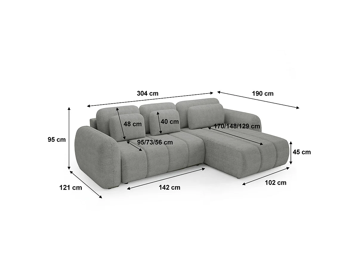 Canapé d'angle convertible 3 places en tissu gris clair CESAR
