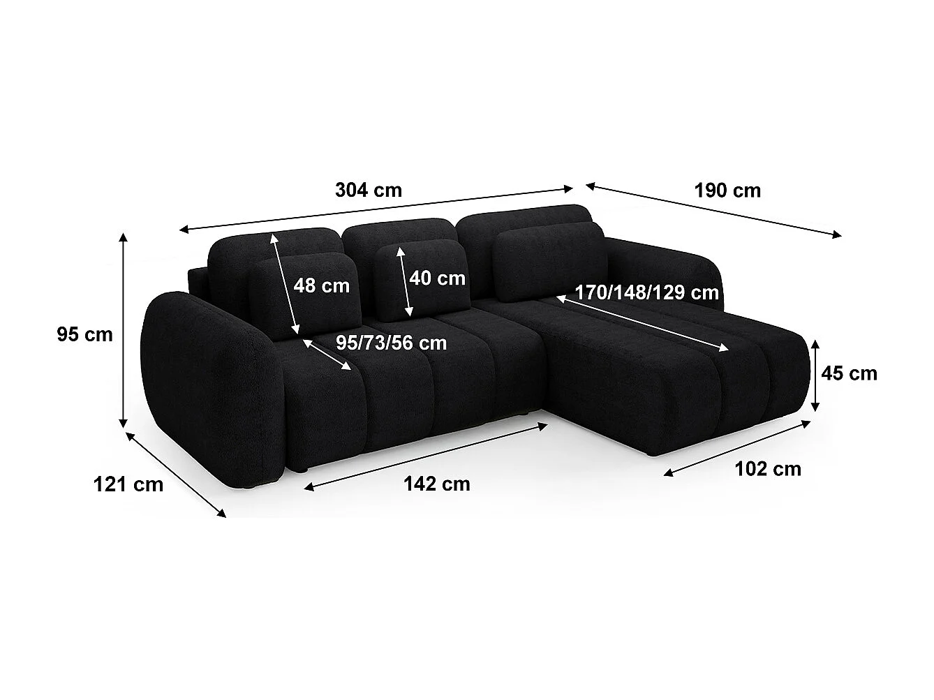 Canapé d'angle réversible et convertible 3 places avec coffre Cesar Noir