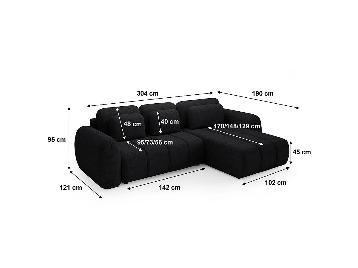 Canapé d'angle convertible 3 places avec coffre en tissu noir