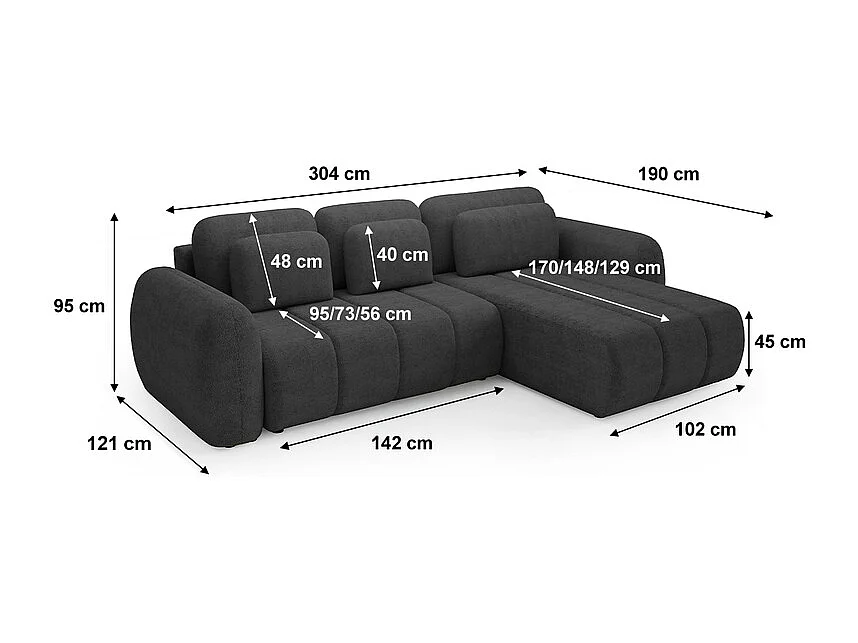 Canapé d'angle réversible et convertible 3 places avec coffre Cesar Gris foncé