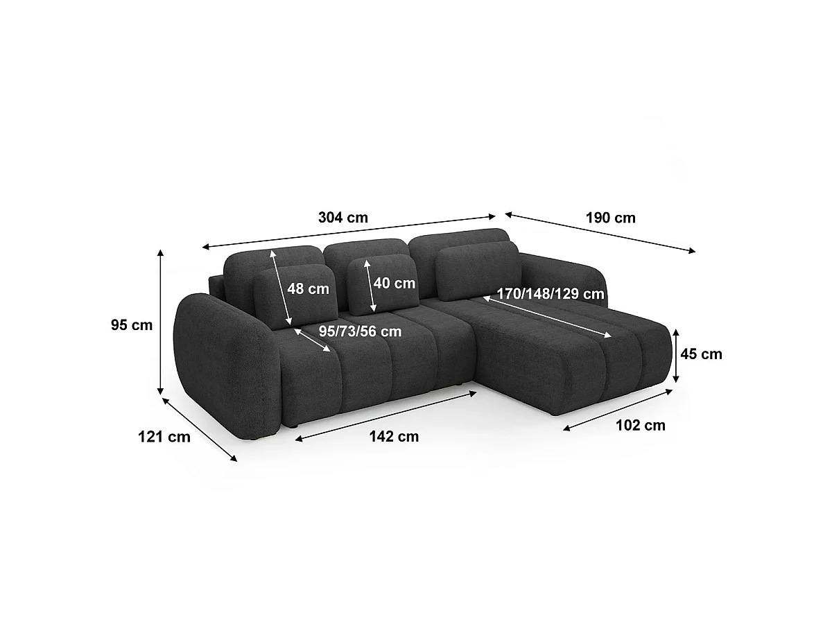 Canapé d'angle convertible 3 places en tissu gris foncé CESAR