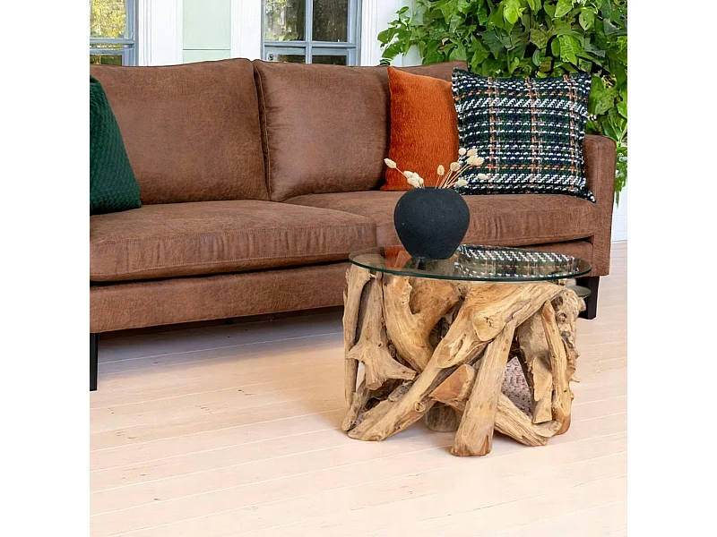 Bout de canapé rond en racine de teck - plateau verre ARIZONA