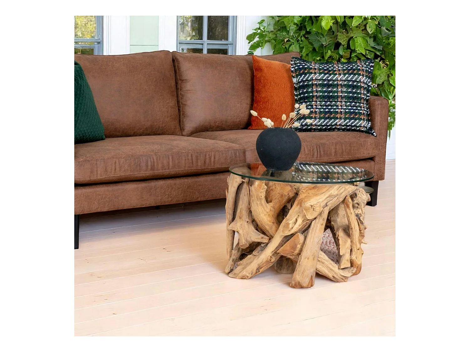 Bout de canapé rond en racine de teck - plateau verre ARIZONA