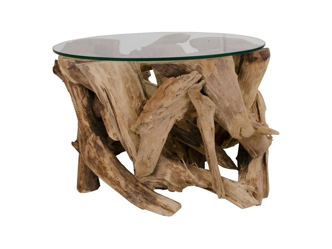 Bout de canapé rond en racine de teck - plateau verre ARIZONA