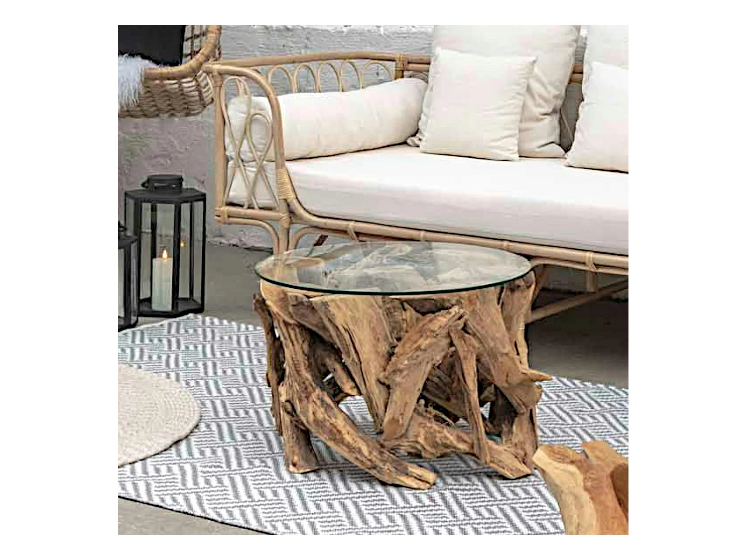 Bout de canapé rond en racine de teck - plateau verre ARIZONA