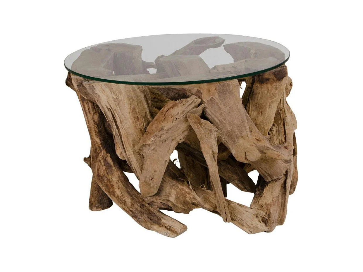 Bout de canapé rond en racine de teck - plateau verre ARIZONA