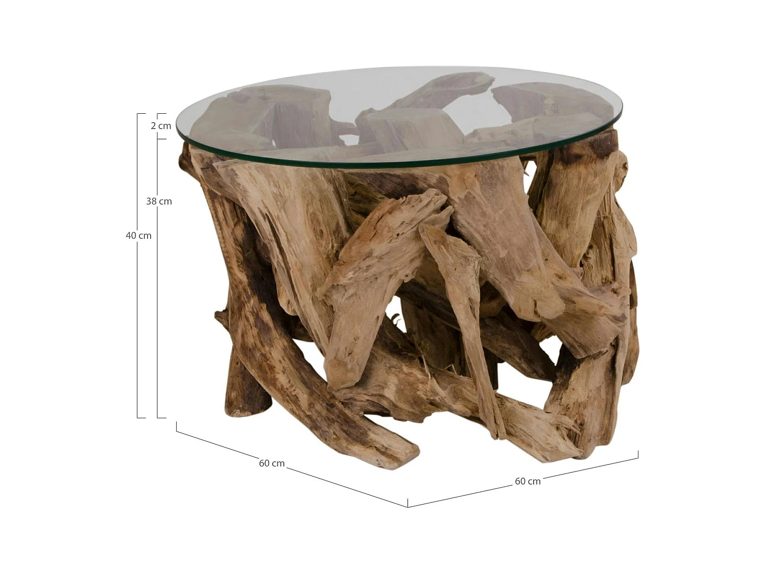 Bout de canapé rond en racine de teck - plateau verre ARIZONA