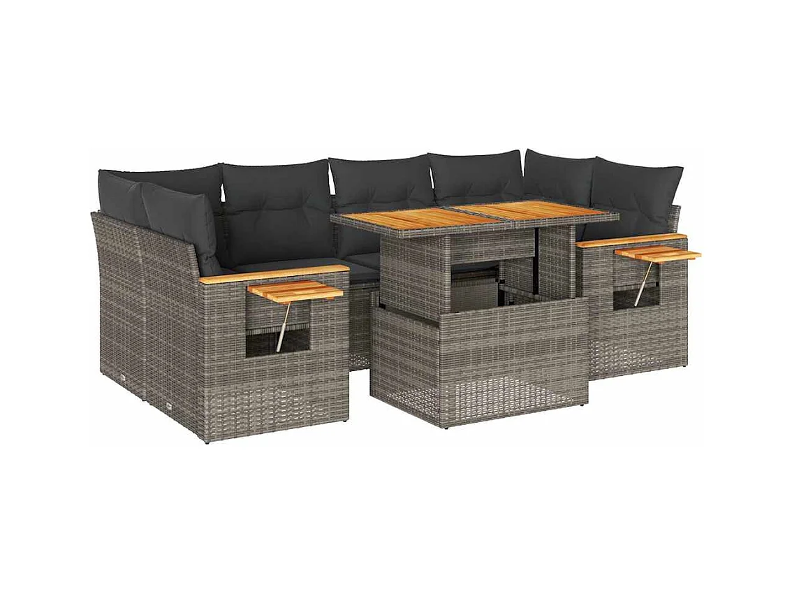 Set sofás jardín y cojines 7 pzas ratán sintético acacia gris