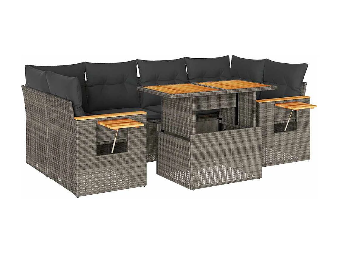 Salon de jardin avec coussins 7 pcs gris résine tressée acacia