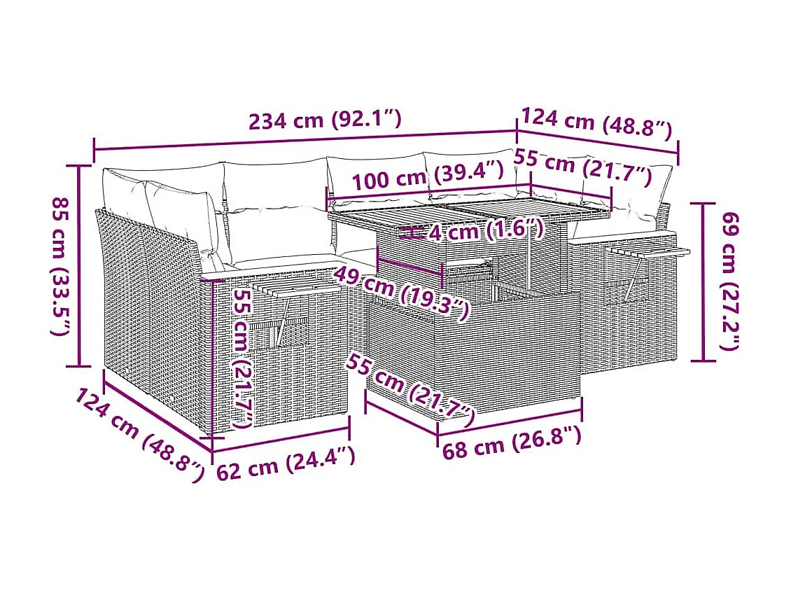 Salon de jardin avec coussins 7 pcs gris résine tressée acacia