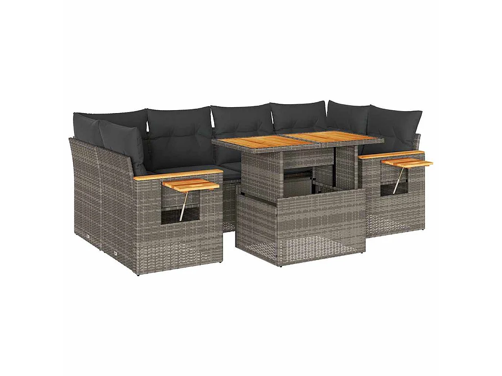 7-tlg. Garten-Sofagarnitur mit Kissen Grau Poly Rattan Akazie