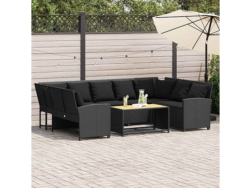 Sofá de jardim com almofadões vime PE preto