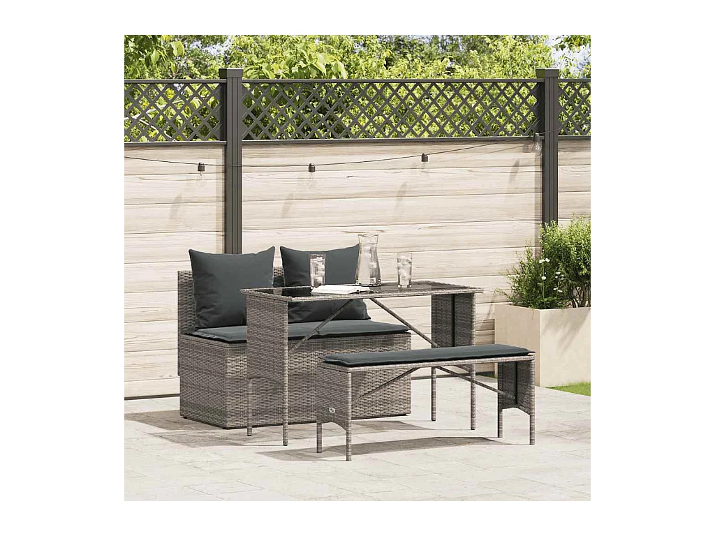 Ensemble à manger de jardin 3 pcs coussins gris résine tressée