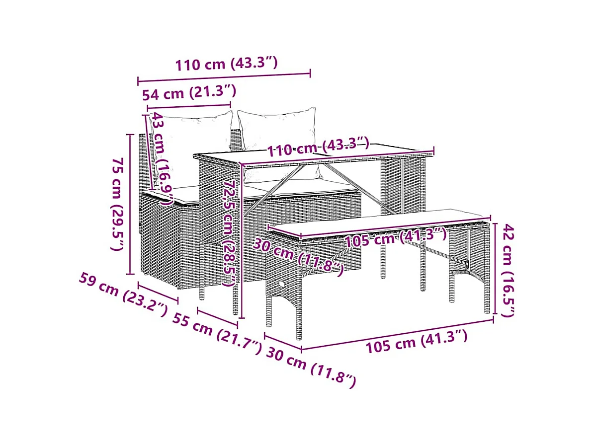 Ensemble à manger de jardin 3 pcs coussins gris résine tressée