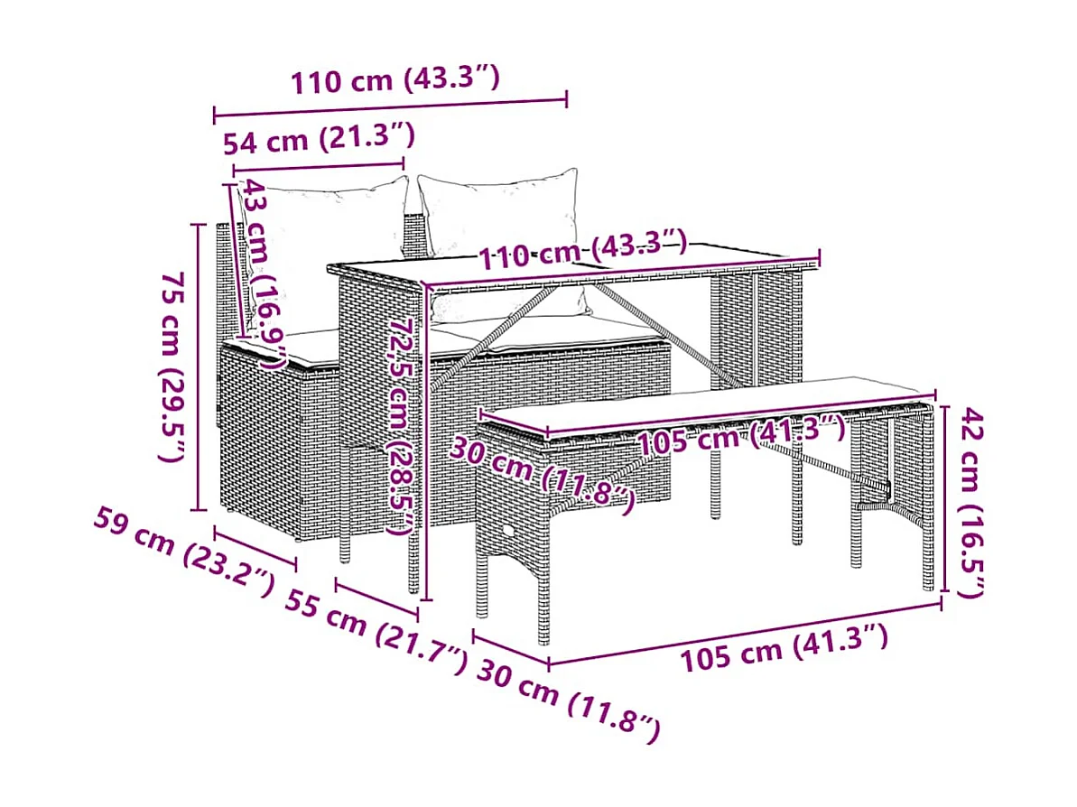 Ensemble à manger de jardin 3 pcs coussins gris résine tressée
