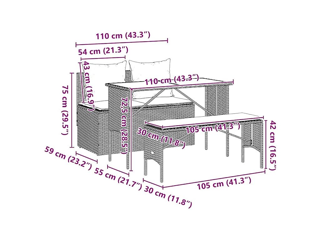 3-delige Tuinset met kussens poly rattan grijs