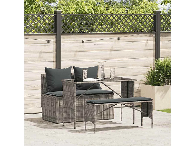 Ensemble à manger de jardin 3 pcs coussins gris résine tressée