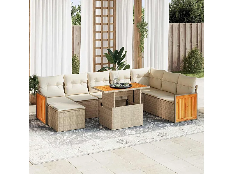 9-delige Loungeset met kussens poly rattan acacia beige