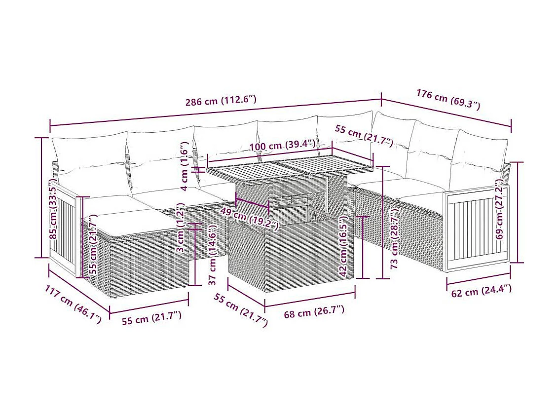 Set Divano da Giardino 9 pz con Cuscini Beige Polyrattan Acacia