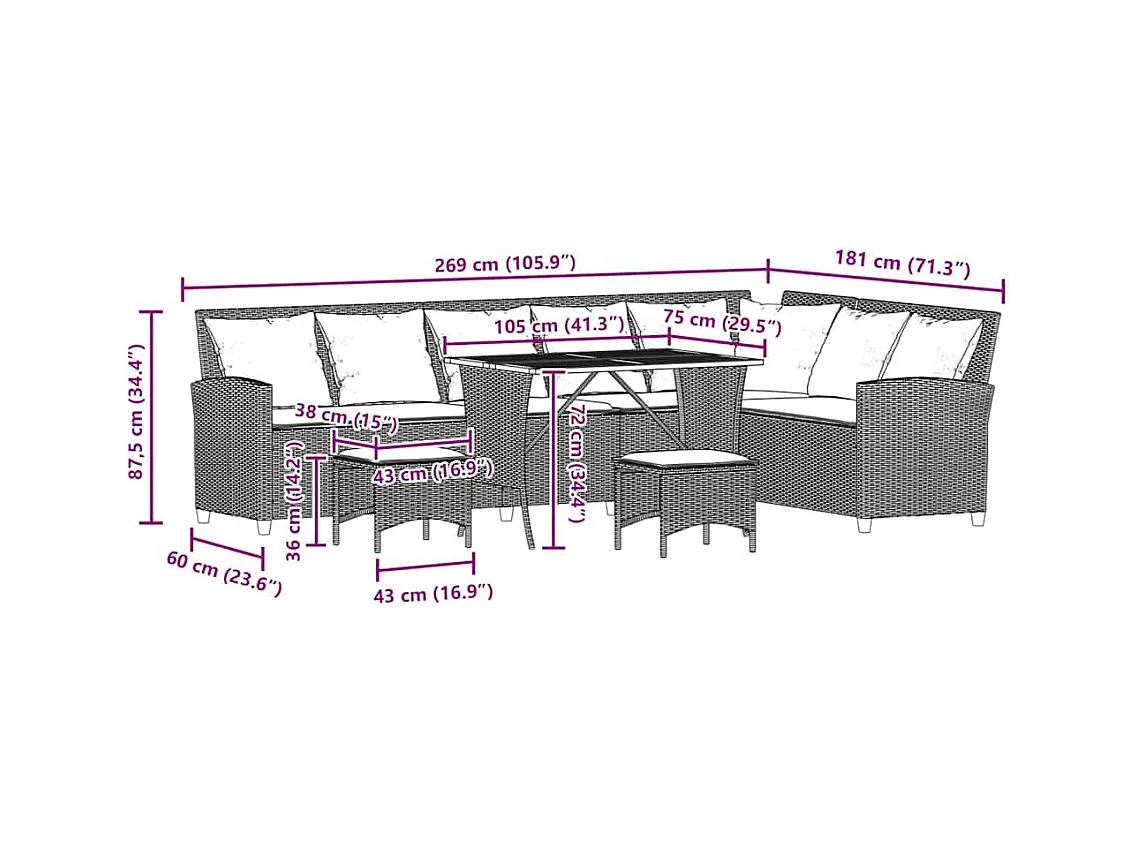4tlg. Garten-Sofagarnitur mit Kissen L-Form Schwarz Poly Rattan