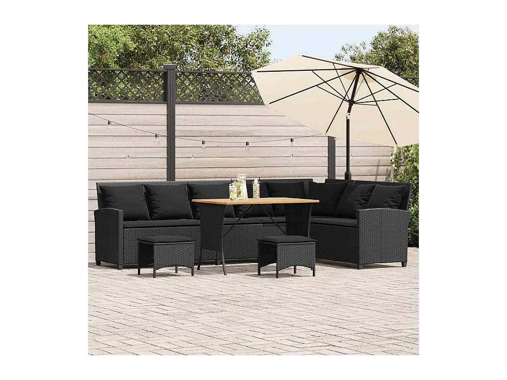 Salon de jardin 4 pcs avec coussins forme L noir résine tressée