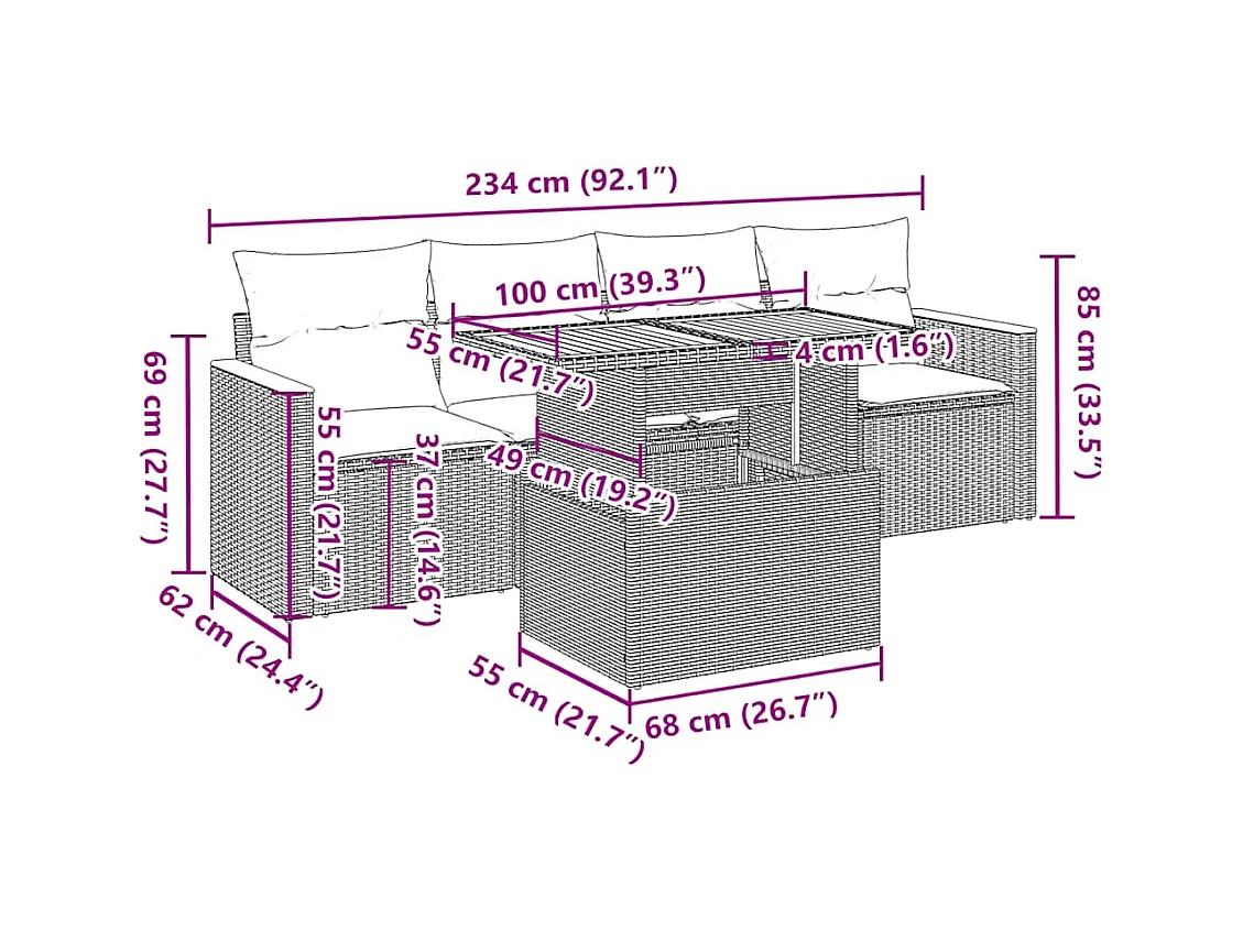 5 pcs conjunto sofás de jardim com almofadões acácia e vime PE