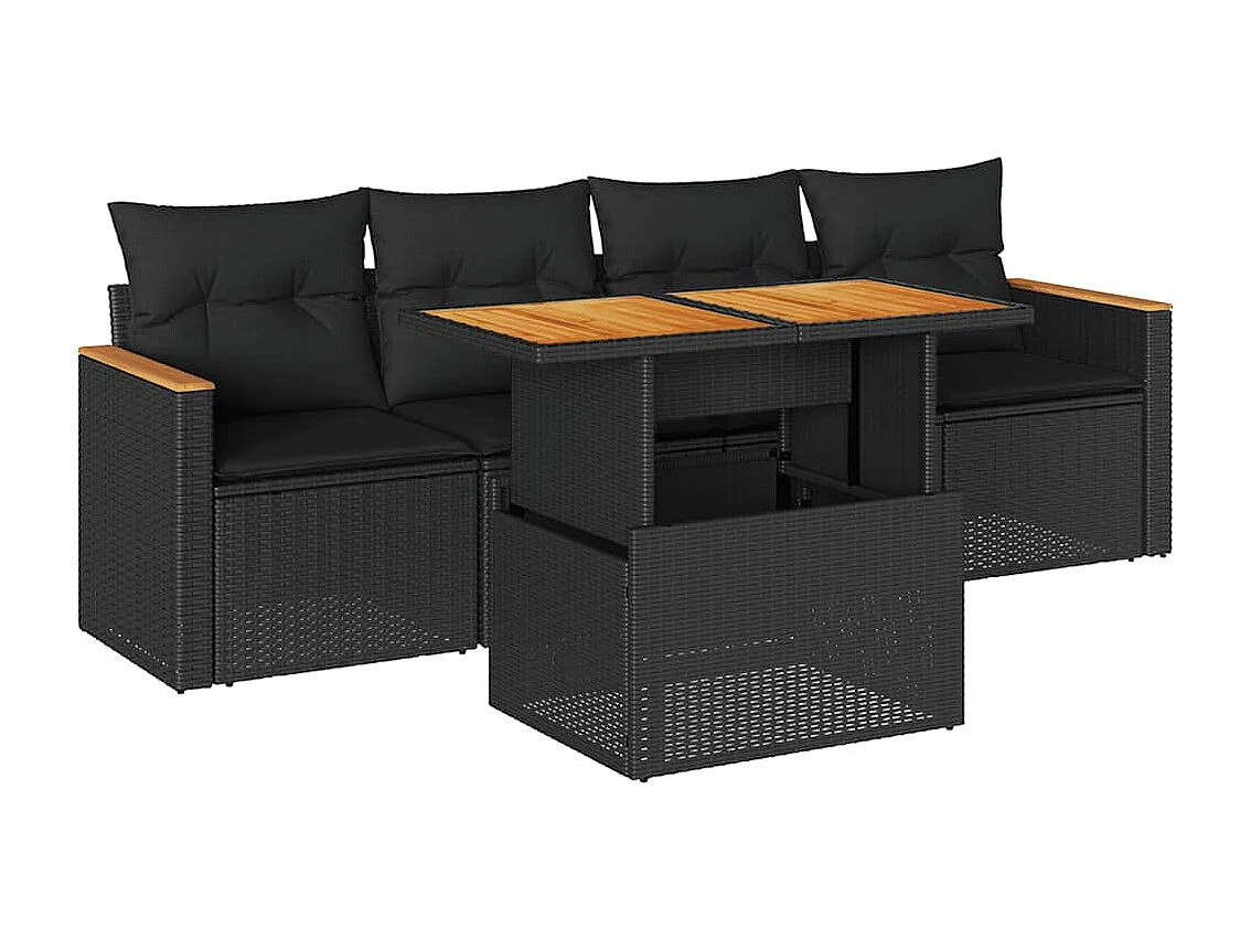Salon de jardin 5 pcs avec coussins noir résine tressée acacia