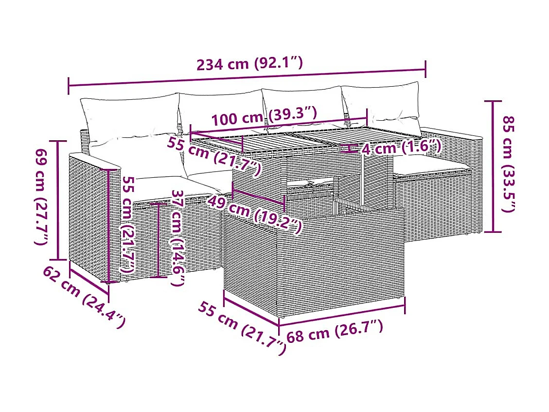 Salon de jardin 5 pcs avec coussins noir résine tressée acacia