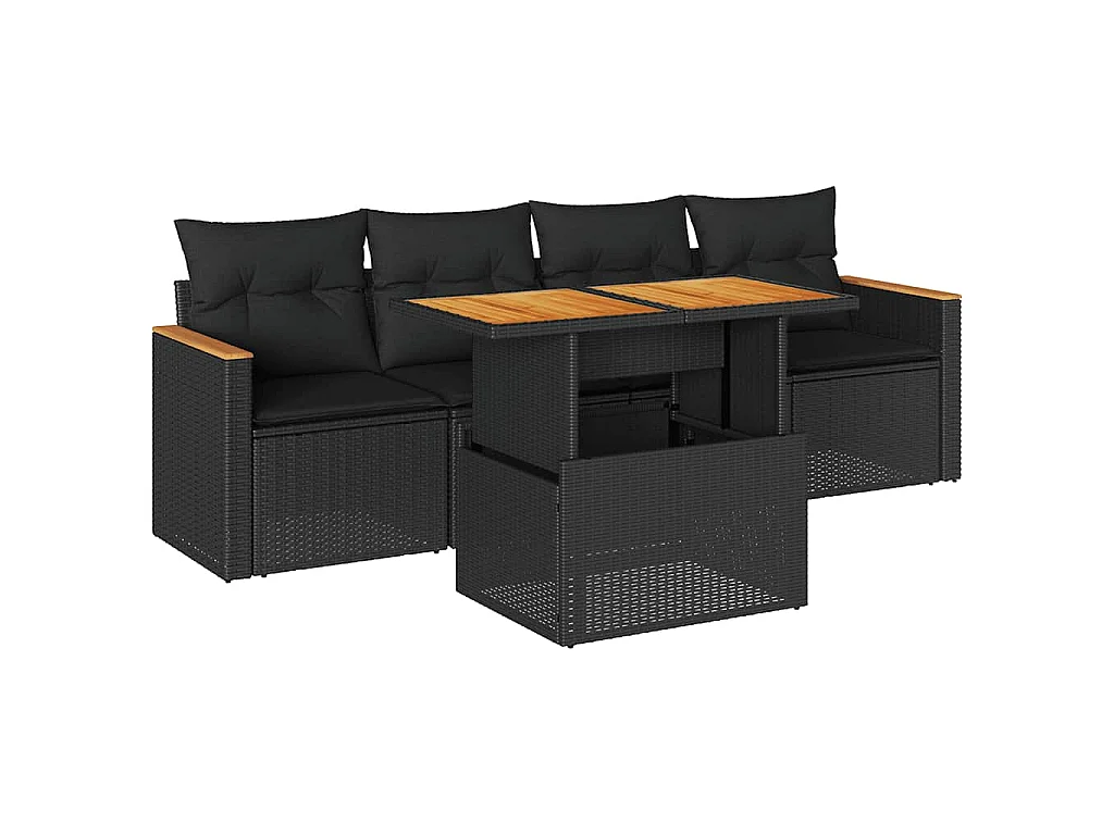 5-delige Loungeset met kussens poly rattan acacia zwart
