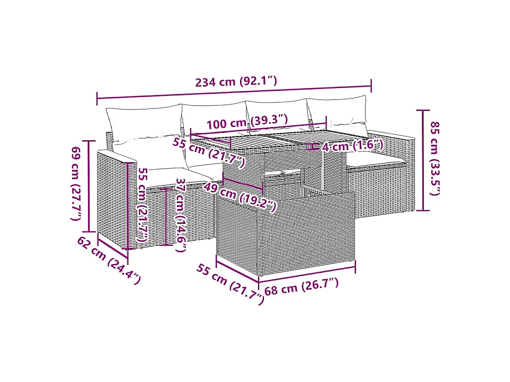 5-delige Loungeset met kussens poly rattan acacia zwart