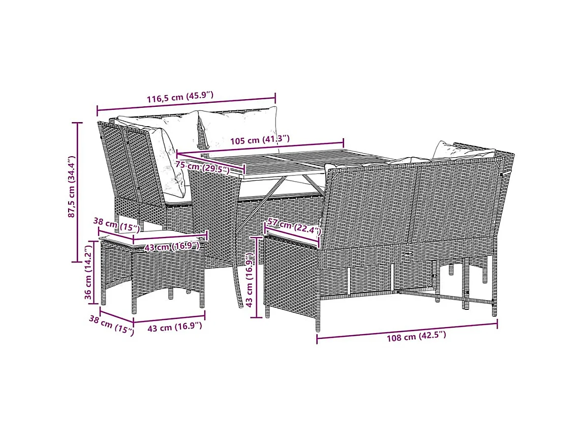 Set Divano da Giardino 5 pz con Cuscini Grigio in Polyrattan