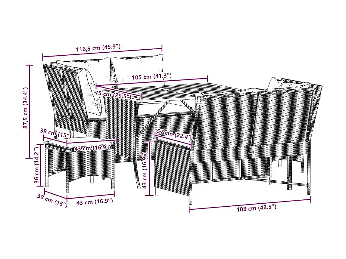 Salon de jardin 5 pcs avec coussins gris résine tressée