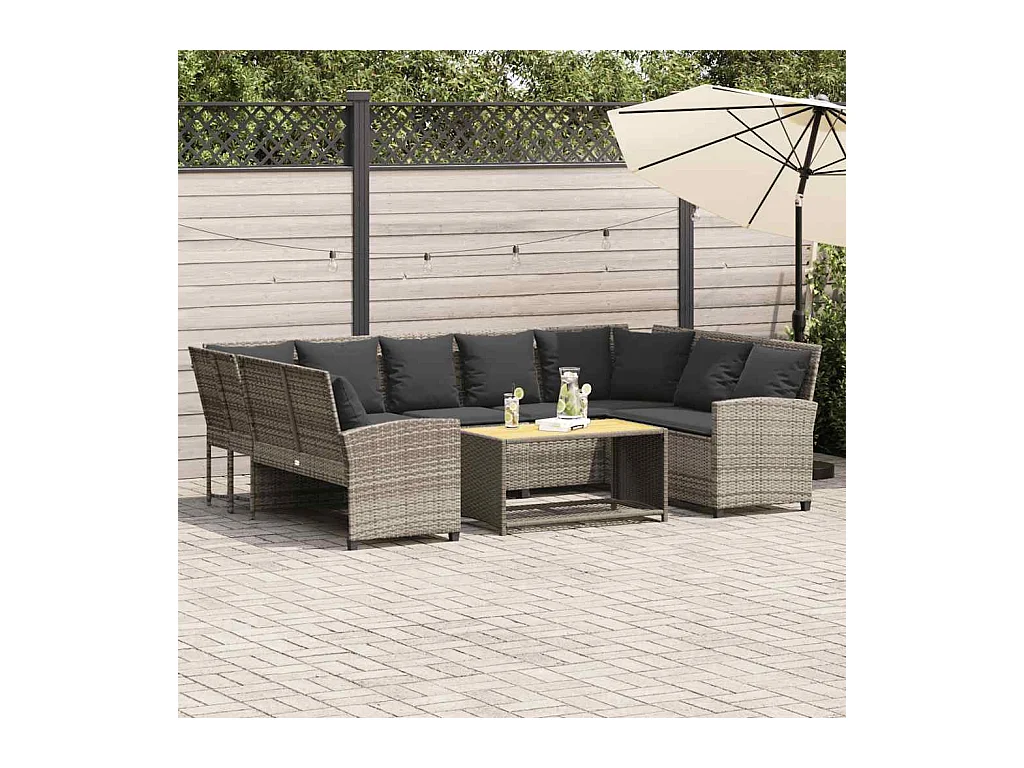 Canapé de jardin et coussins gris clair résine tressée