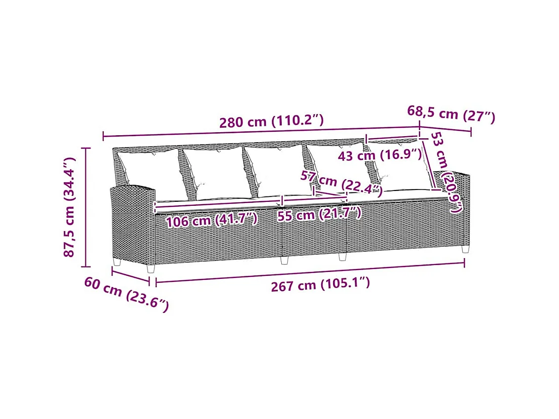 Canapé de jardin avec coussins 5 places beige résine tressée