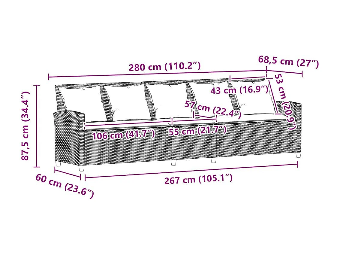 Gartensofa 5-Sitzer mit Kissen Beige Poly Rattan