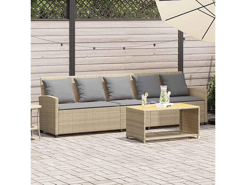 Canapé de jardin avec coussins 5 places beige résine tressée