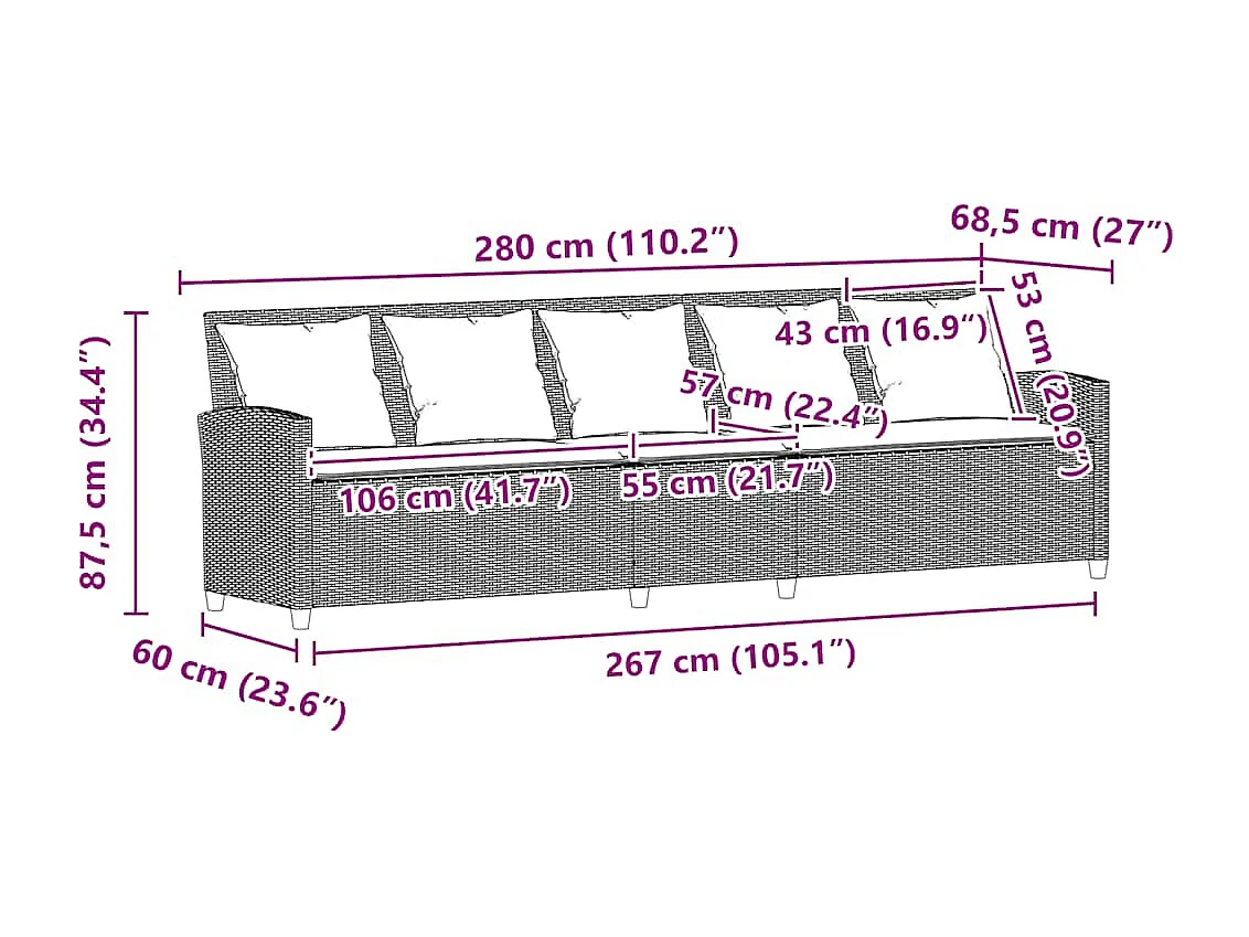 Gartensofa 5-Sitzer mit Kissen Schwarz Poly Rattan