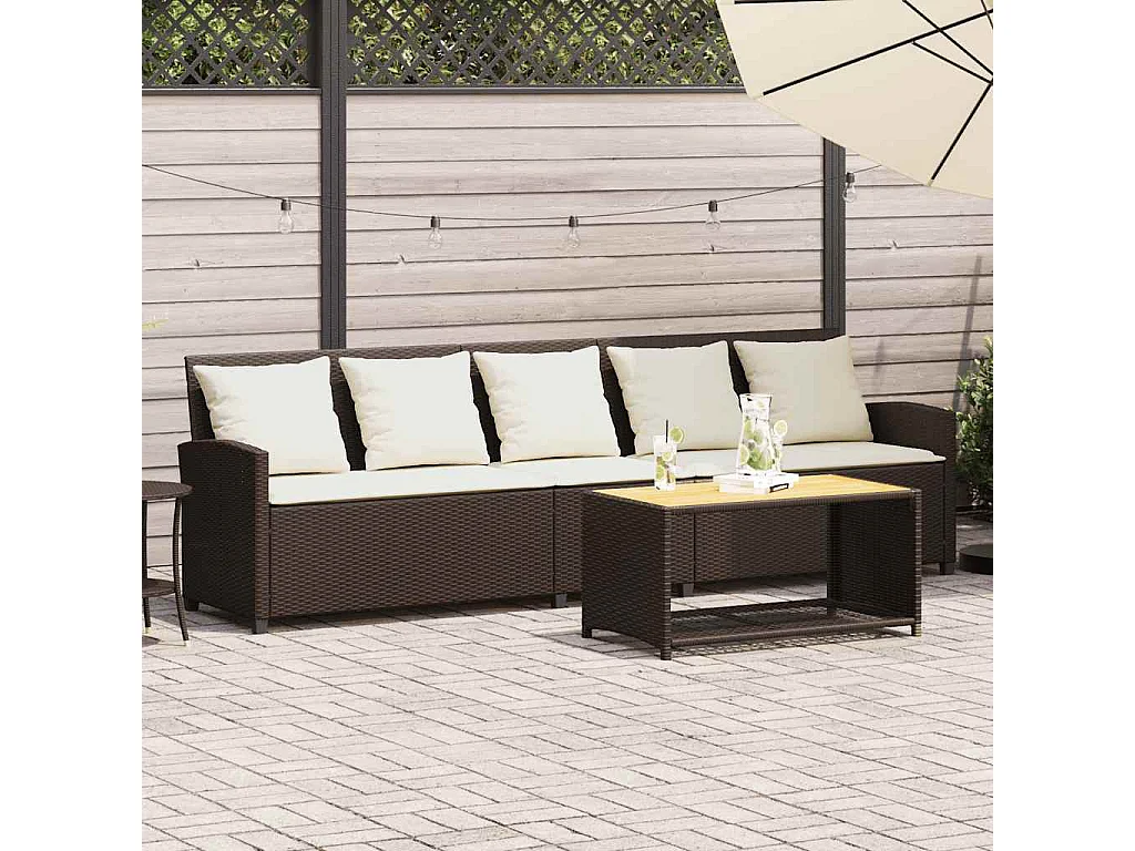 Sofá de jardim com almofadões 5 lugares vime PE castanho