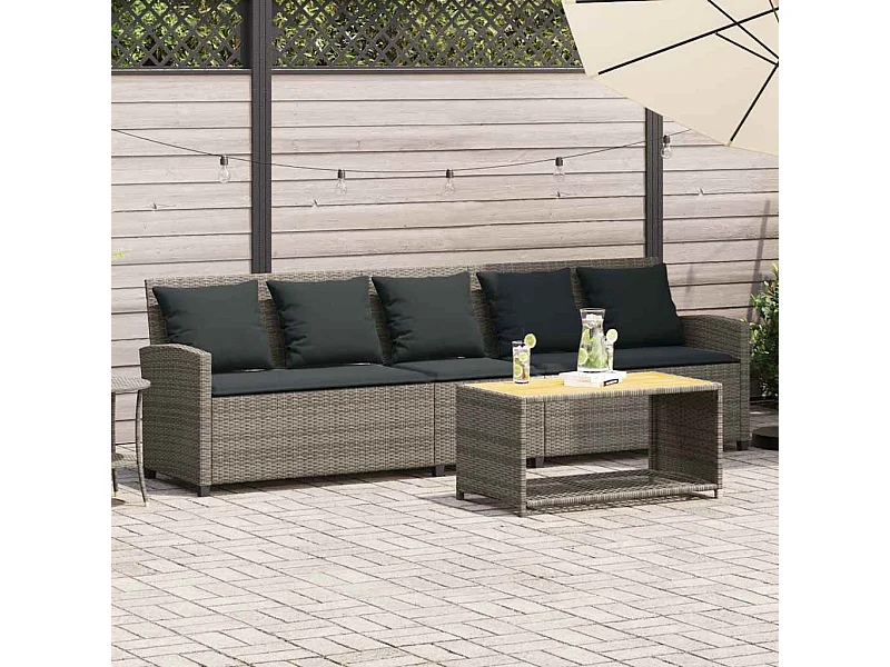 Gartensofa 5-Sitzer mit Kissen Grau Poly Rattan