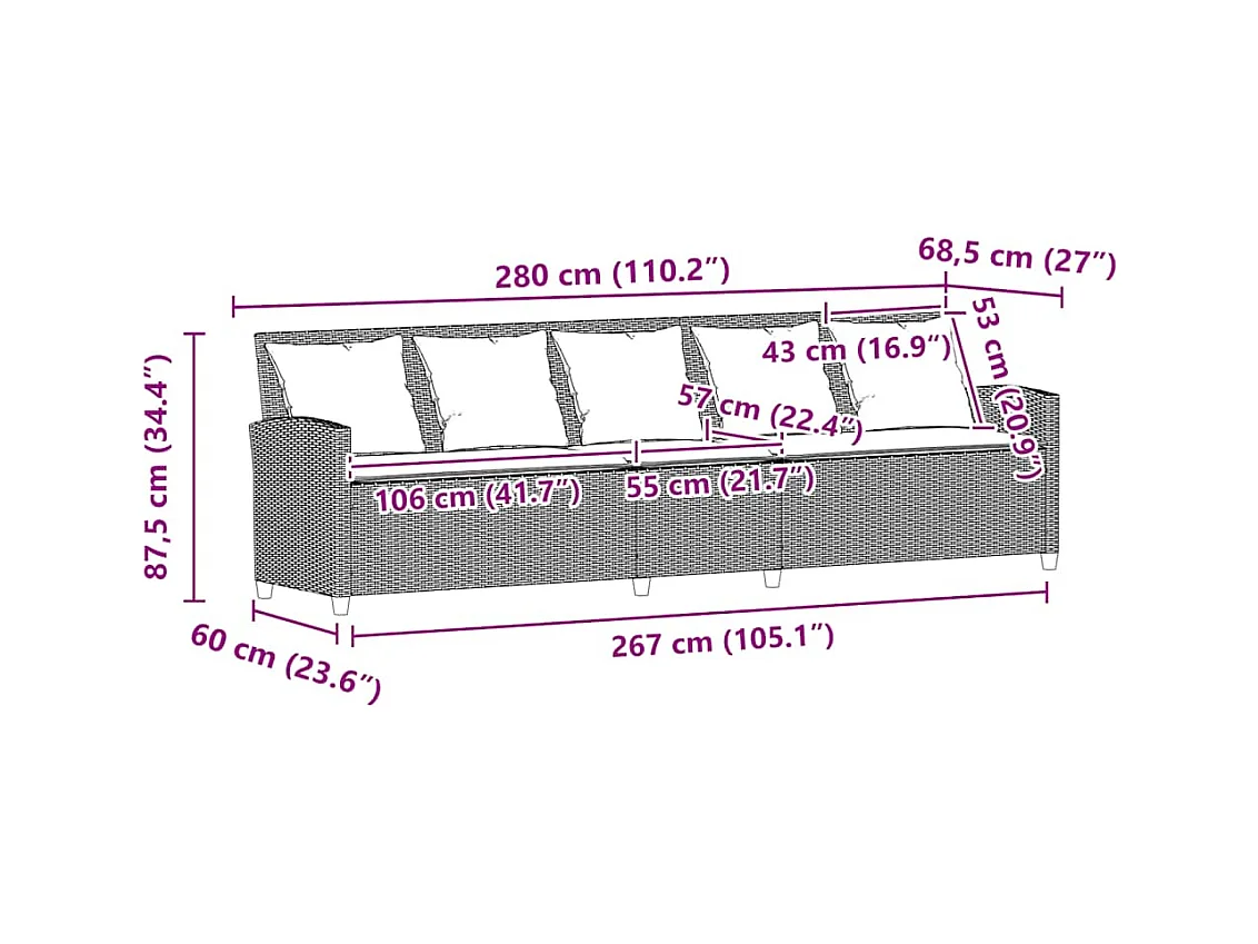 Canapé de jardin avec coussins 5 places noir résine tressée